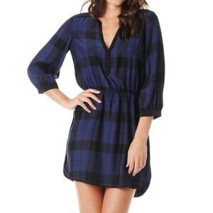 Parker Buffalo Plaid Blue Silk Long Sleeve Dress XS